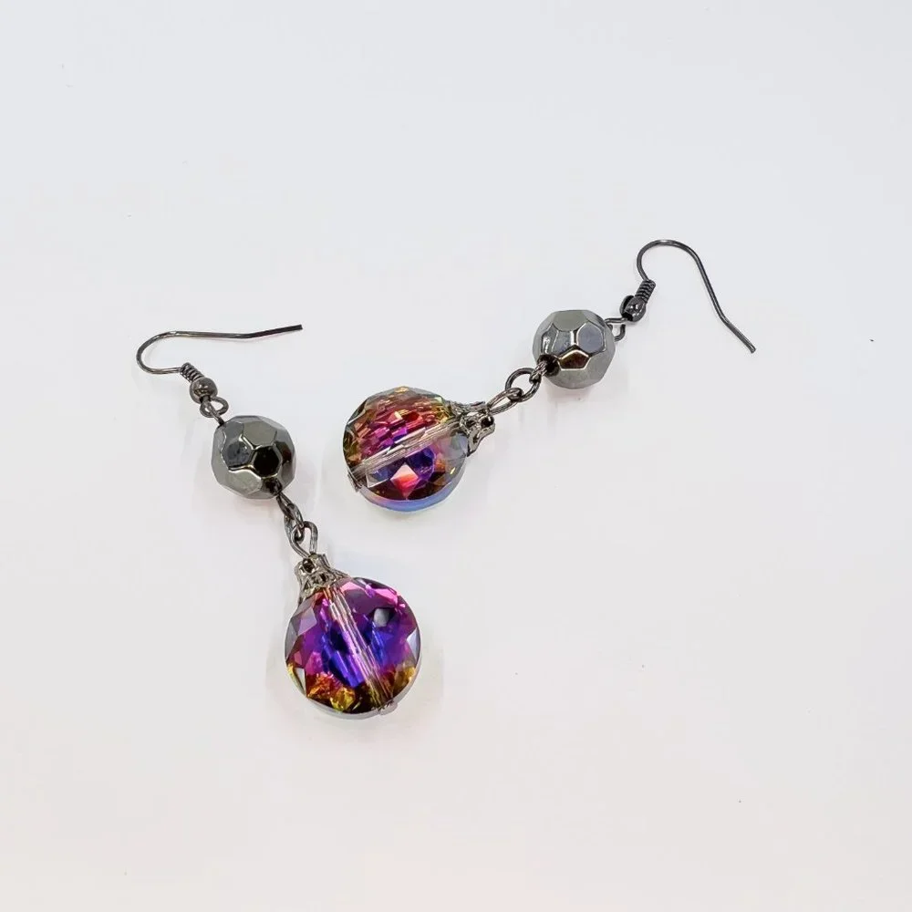 New / Handcrafted - Iridescent Faceted Crystal Drop Black Tone Fishhook Earrings - Picture 7 of 7